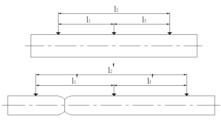 Расчетная схема к определению относительного удлинения образца по трем различным базам